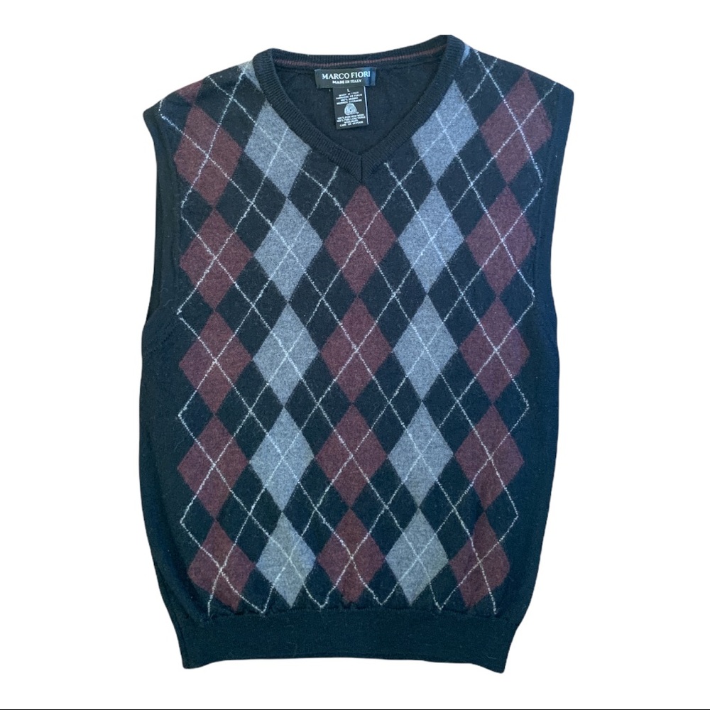 VTG Marco Fiori Italy 💯% Merino Pure Wool Argyle Dark Academia Sweater Vest - Picture 1 of 3